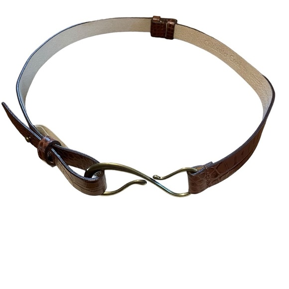 Coldwater Creek Brown Embossed Leather Gold Tone Hook Buckle Adjustable Belt S/M - Picture 5 of 12